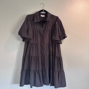 entro Black Tiered Button-Front Mini Dress with Puff Sleeves